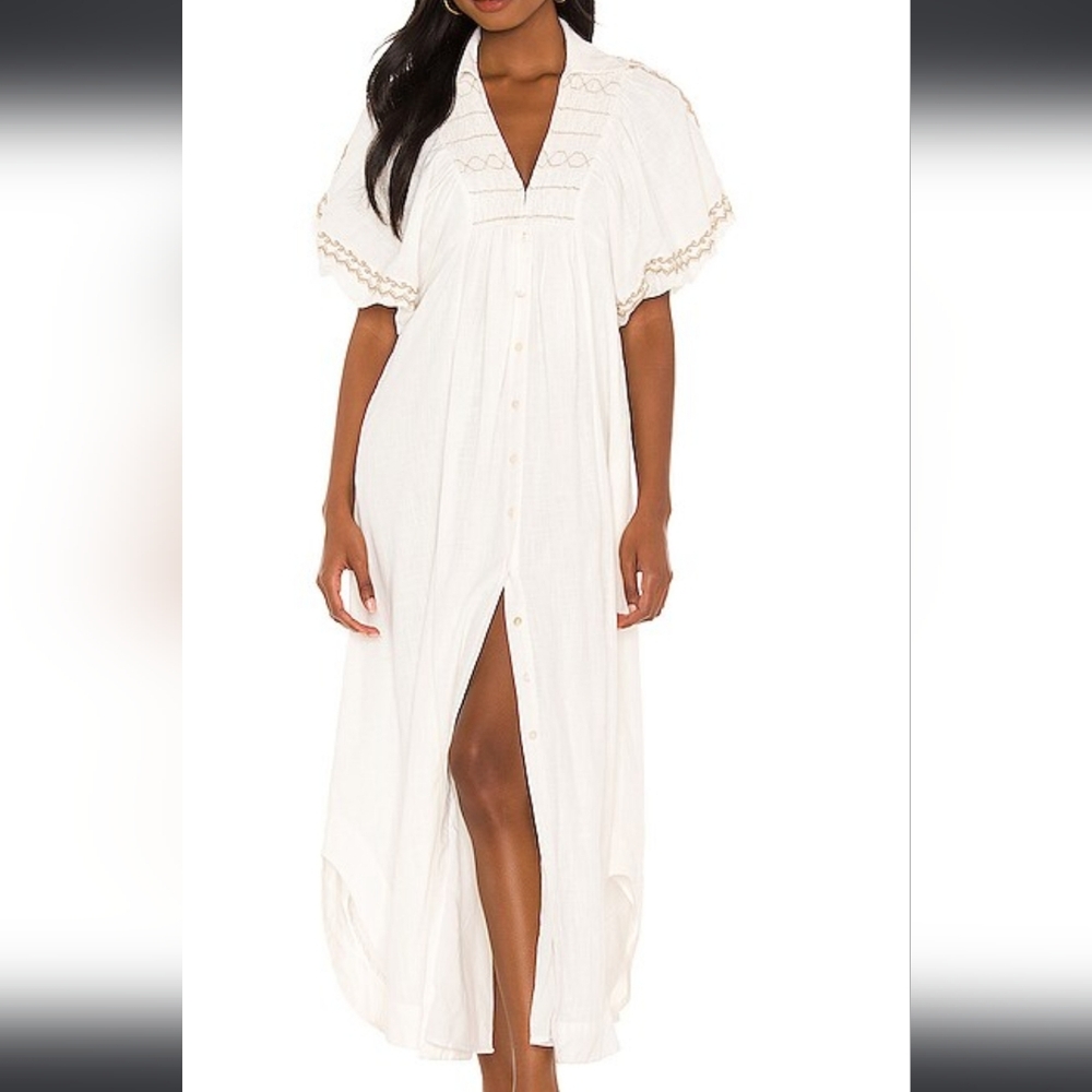 FREE PEOPLE Ivory Samantha Embroidered Maxi Cotton Shirt-Dress Billowy Sleeve L
